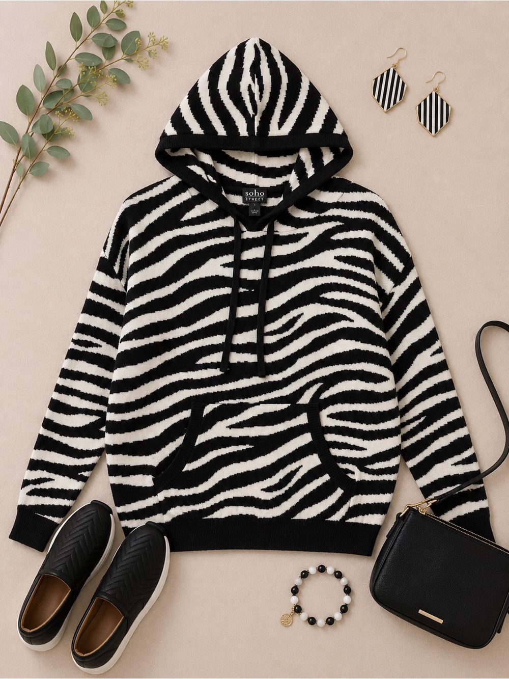 New York & Company Soho Street Black & White Zebra Print Hooded Sweater Size S